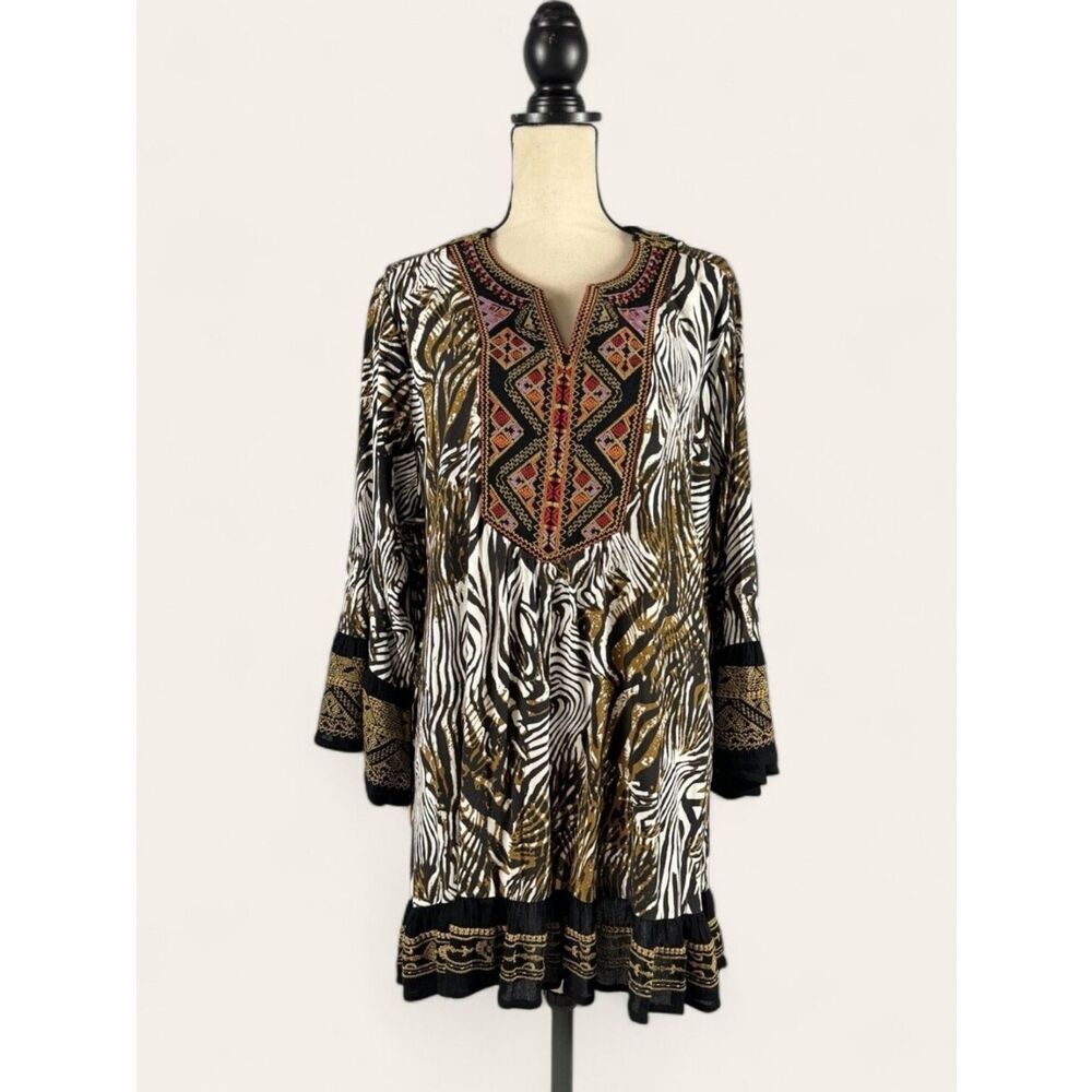 Calessa Embroidered Zebra-Print Boho Tunic in Black, White & Gold Size 2X